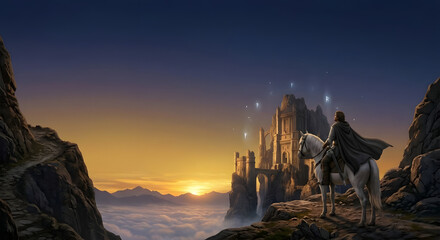 Naklejka premium Fantasy knight on horseback overlooking a castle at sunset 