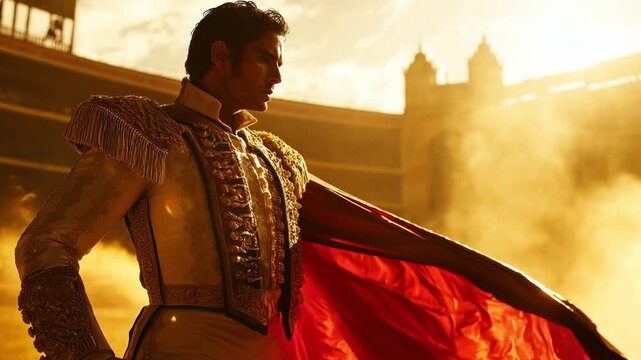 Matador stands in the arena under a warm sunset, getting ready for the performance with a red cape
