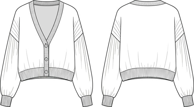 Fashion technical sketch of women cropped v neck button up cardigan with pleated sleeves and ribbed trim vector set for apparel design tech pack.