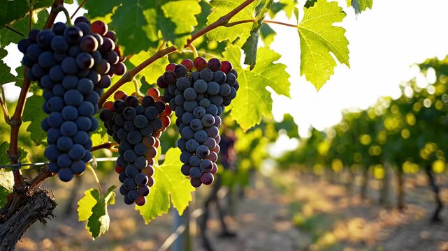 Ripe dark grapes on vine in sunny vineyard at golden hour.