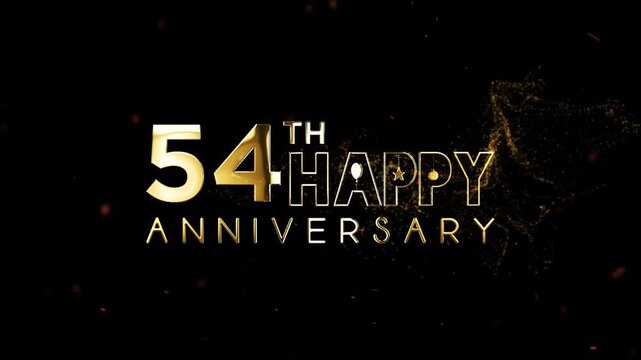 Golden anniversary celebration with 54th happy anniversary text on dark background with sparkles and glitter