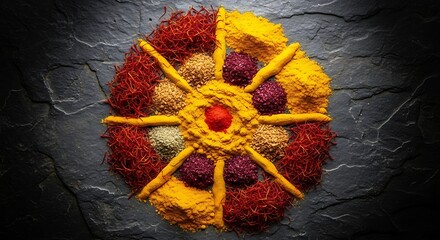 A vibrant, circular arrangement of assorted spices creating a colorful wheel design on a dark surface.