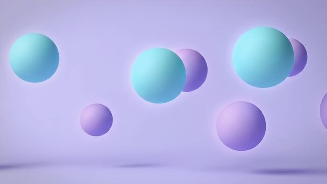 Floating spheres in various pastel shades levitate in a serene, soft-lit, minimalist environment from a moderate viewpoint.