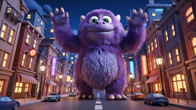 A giant purple monster stands in the middle of a city street at night surrounded by buildings and moving cars