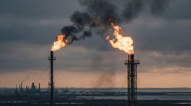 Industrial Landscape with Two Flare Stacks Burning Gas Cloudy Sky