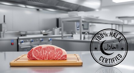 A piece of raw, marbled beef steak on a cutting board in a professional kitchen with a halal certification stamp.