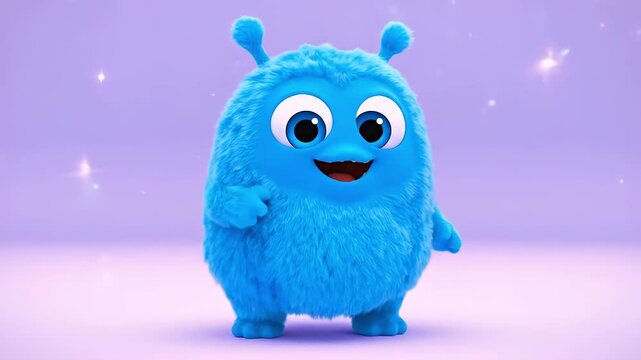 A cheerful blue monster with fuzzy texture stands happily against a purple background with sparkling stars.