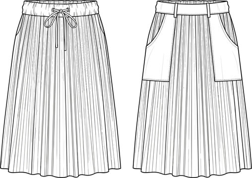Women's pleated midi skirt technical flat sketch vector template with drawstring waistband and patch pocket details for fashion apparel tech packs.