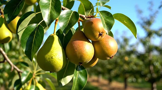 Ripe pears hanging on tree branch in sunny orchard