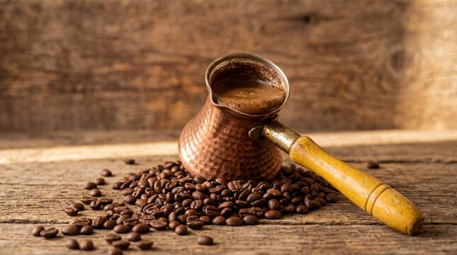 Warm morning coffee prepared in a traditional copper cezve, accompanied by scattered roasted beans on an aged wooden background, embodying rustic charm and rich flavor