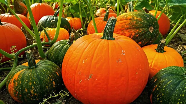 Colorful orange and green pumpkins growing in a vast garden patch