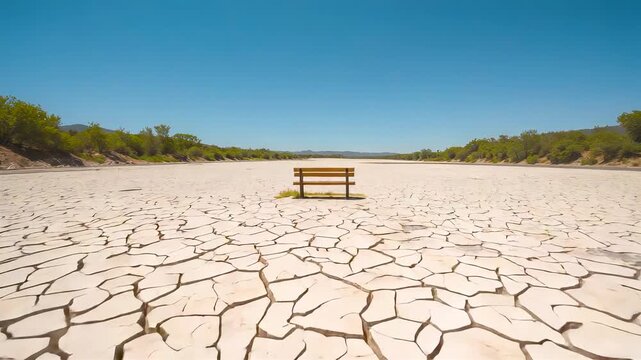 Lonely wooden bench alone on vast cracked dry lake bed parched earth under clear blue sky arid drought landscape desolate empty horizon nature crisis