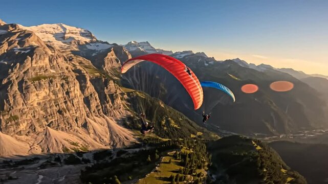 Spectacular Paragliding Adventure Over Majestic Mountain Peaks at Sunset.