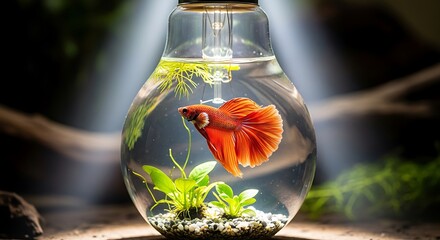 A vibrant red betta fish swims gracefully inside a unique light bulb-shaped aquarium, illuminated from above.