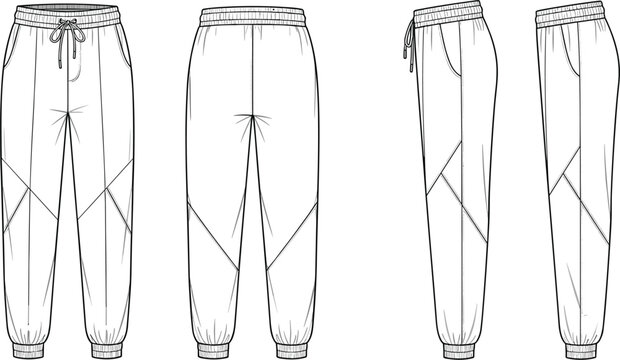 Fashion technical drawing vector template of women athletic joggers with drawstring waistband, elastic cuffs, and paneled design details for sportswear and streetwear tech packs.