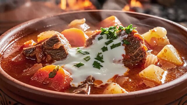 Rustic Hungarian Goulash with Tender Beef Potatoes Sour Cream and Herbs in Clay Bowl