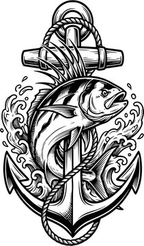 Roosterfish with Nautical Elements &ndash; Detailed Black Line Art Tattoo Vector