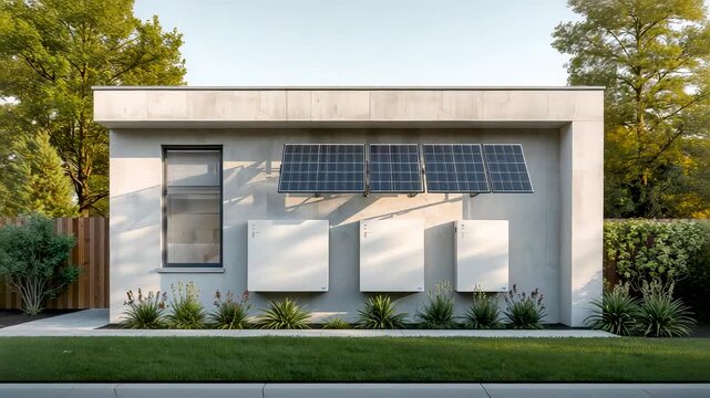 Modern minimalist prefab home exterior with solar panels flat roof large door wooden fence lush green lawn trees contemporary sustainable architecture daylight