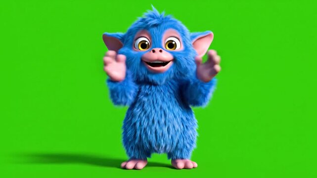 A furry, blue creature with pink features and expressive eyes stands on a green background. The creature has its arms up, as if applauding or waving