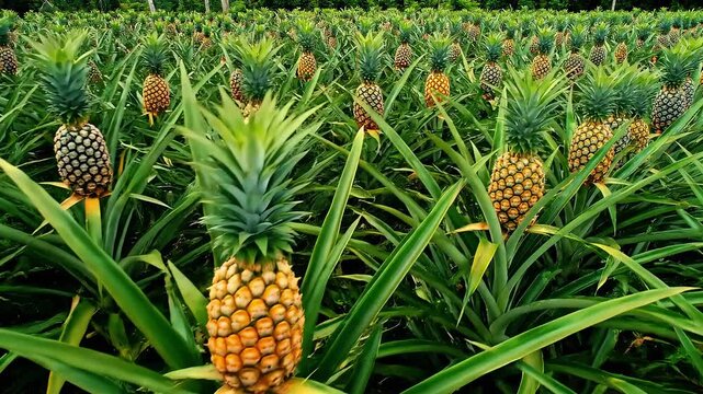 Ripe golden pineapples growing in a vast tropical plantation field