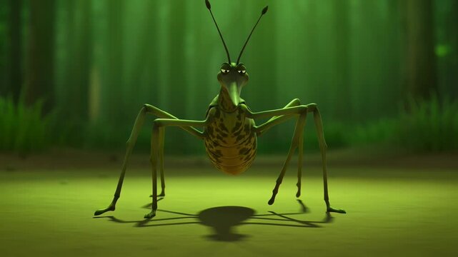 Animated green insect character with long legs and antennae in a lush forest environment