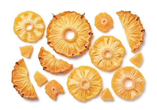 Delicious dried pineapple slices on white background