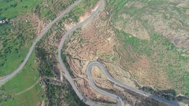 Top-Down Aerial View of Winding Mountain Road at Dawn, Adwa Mountains, Tigray, Ethiopia