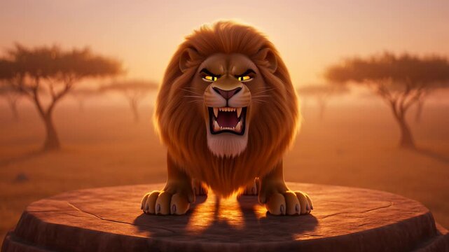 Cartoon lion roaring aggressively on stone platform in african savanna sunset landscape animation revealing teeth