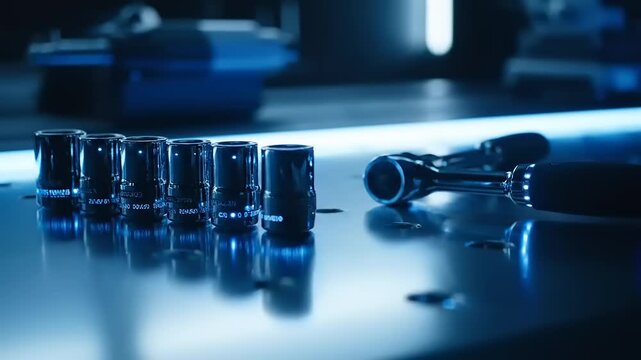 Socket Wrench Set on Metal Surface.