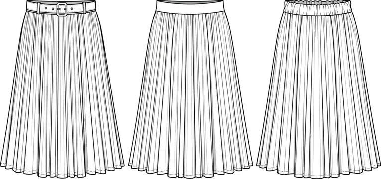 Set of female pleated midi skirt fashion technical drawing vector templates with belted waist, elastic waistband, and high waisted design for tech packs.