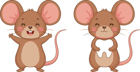 Cute Cartoon Mouse Character Set Standing and Smiling Adorable Brown Rodent Animal Vector Illustration for Kids Books and Nursery Design