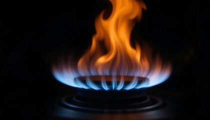 Blue and orange flames burning brightly from a gas stove burner against a dark background, showcasing the vibrant colors and movement of the fire