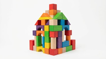 Obraz premium Vibrant Wooden Building Blocks Stacked into a Tall Abstract Structure on White Background