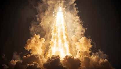 Obraz premium Rocket launch with bright flames and smoke billowing from the engines against a dark sky, showcasing powerful propulsion and dynamic movement during liftoff