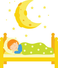Cute Little Boy Sleeping in Bed at Night with Moon and Stars Dreaming Peaceful Child Bedtime Vector Illustration