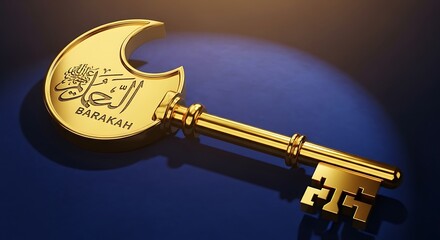 A close-up shot of a magnificent golden key with a crescent moon bow resting on a blue surface.
