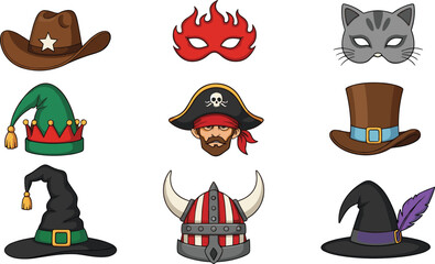 Fantasy and Carnival Costume Hats and Masks Collection Including Pirate Viking Witch Cowboy and Cat Vector Illustration Set