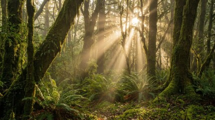 Obraz premium Sunbeams illuminate a dense, misty forest canopy
