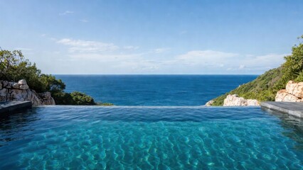 Naklejka premium Infinity pool overlooking rocky coastline with green vegetation.