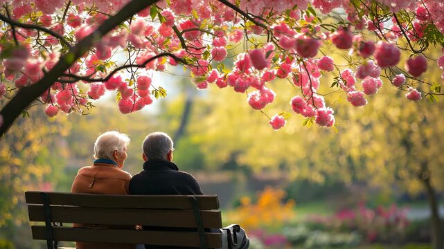 Two people relax on a bench under flowering trees in a park during a spring afternoon with natural colors around them