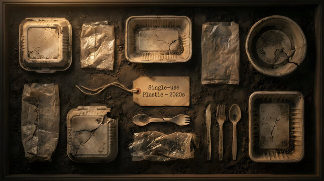 a stark environmental and archaeological concept focusing on the legacy of plastic pollution.