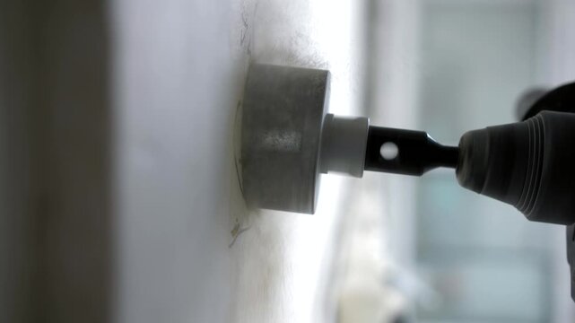 Close-up circular drilling in drywall for installing flush-mounted outlet boxes. High quality 4k footage