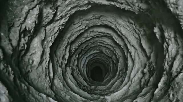 Looking down a deep, mysterious icy well shaft with rugged frozen walls and dark abyss below