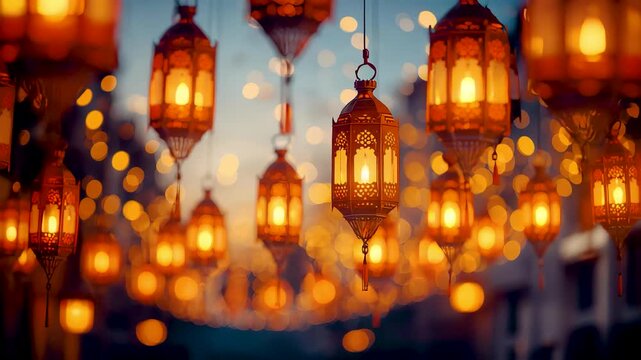 Glowing traditional Ramadan lanterns hanging across evening street with warm golden lights creating festive Islamic celebration atmosphere at night