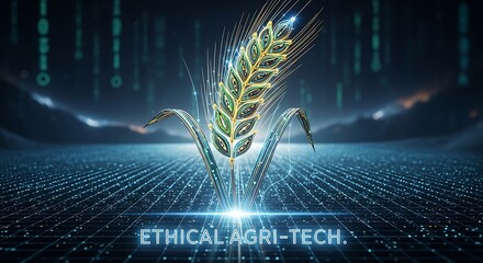 A conceptual representation of ethical agri-tech where a digital wheat stalk grows from a glowing network.