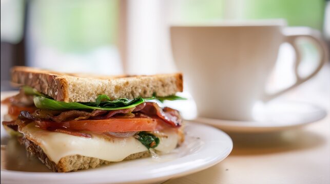 A delicious BLT sandwich with toasted bread, crispy bacon, fresh lettuce, ripe tomatoes, and melted cheese sits on a white plate next to a steaming cup of coffee.
