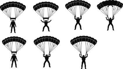 Skydiver Parachuting Silhouette Vector Set featuring Extreme Sports Athletes in Air Descent for Skydiving Club Paragliding Adventure and Aviation Design © Sreemoti