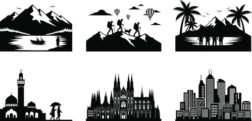 Obraz premium Travel and Landmark Silhouette Set featuring Mountain Landscapes Hiking Adventures Tropical Palm Beaches Islamic Mosques Gothic Cathedrals and Modern City Skylines