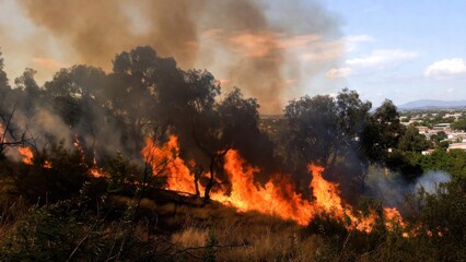 Trees burning along hillside spreading fire toward town.