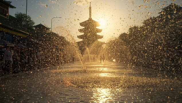 AI Generated Thingyan Inspired Water Festival With Pagoda Silhouette
